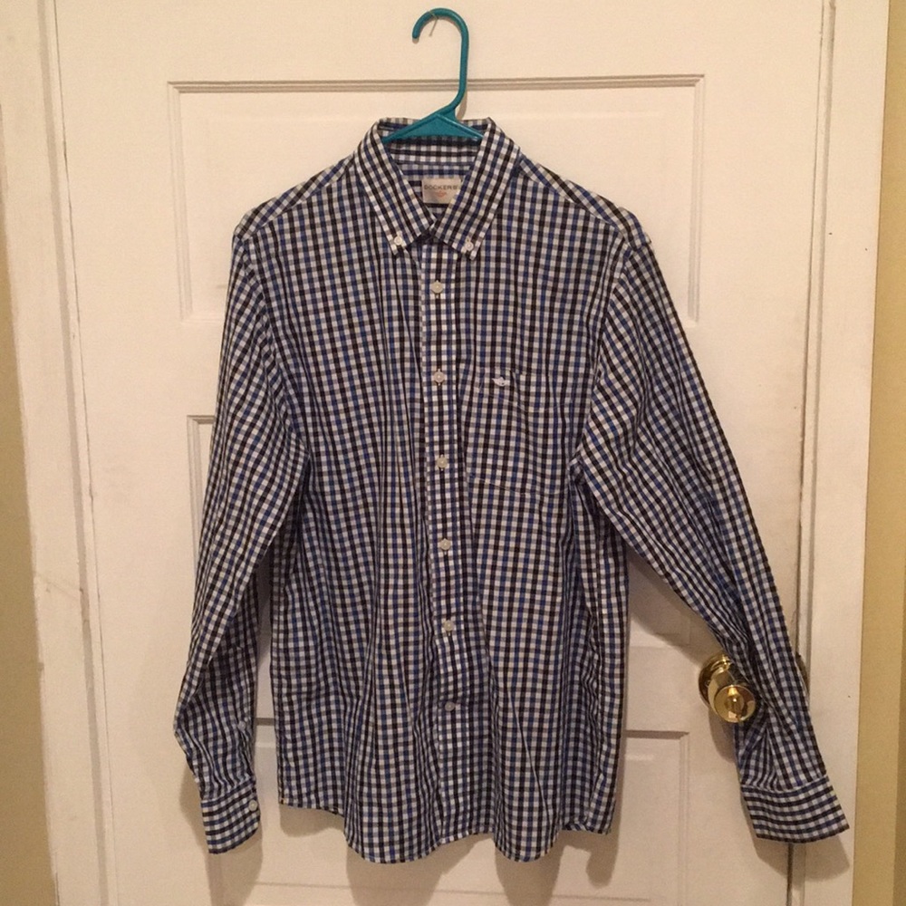 Blue/black/white patterned Button up dress shirt.